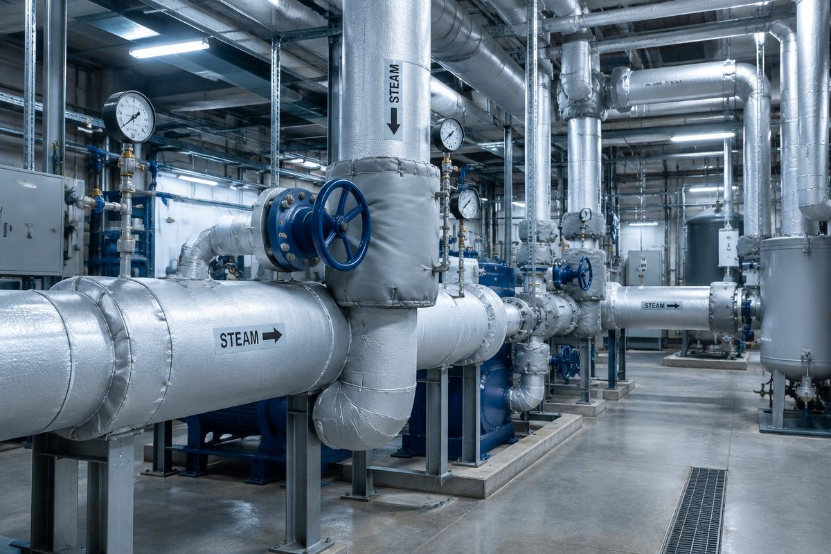 Industrial steam piping and valves in a mechanical room