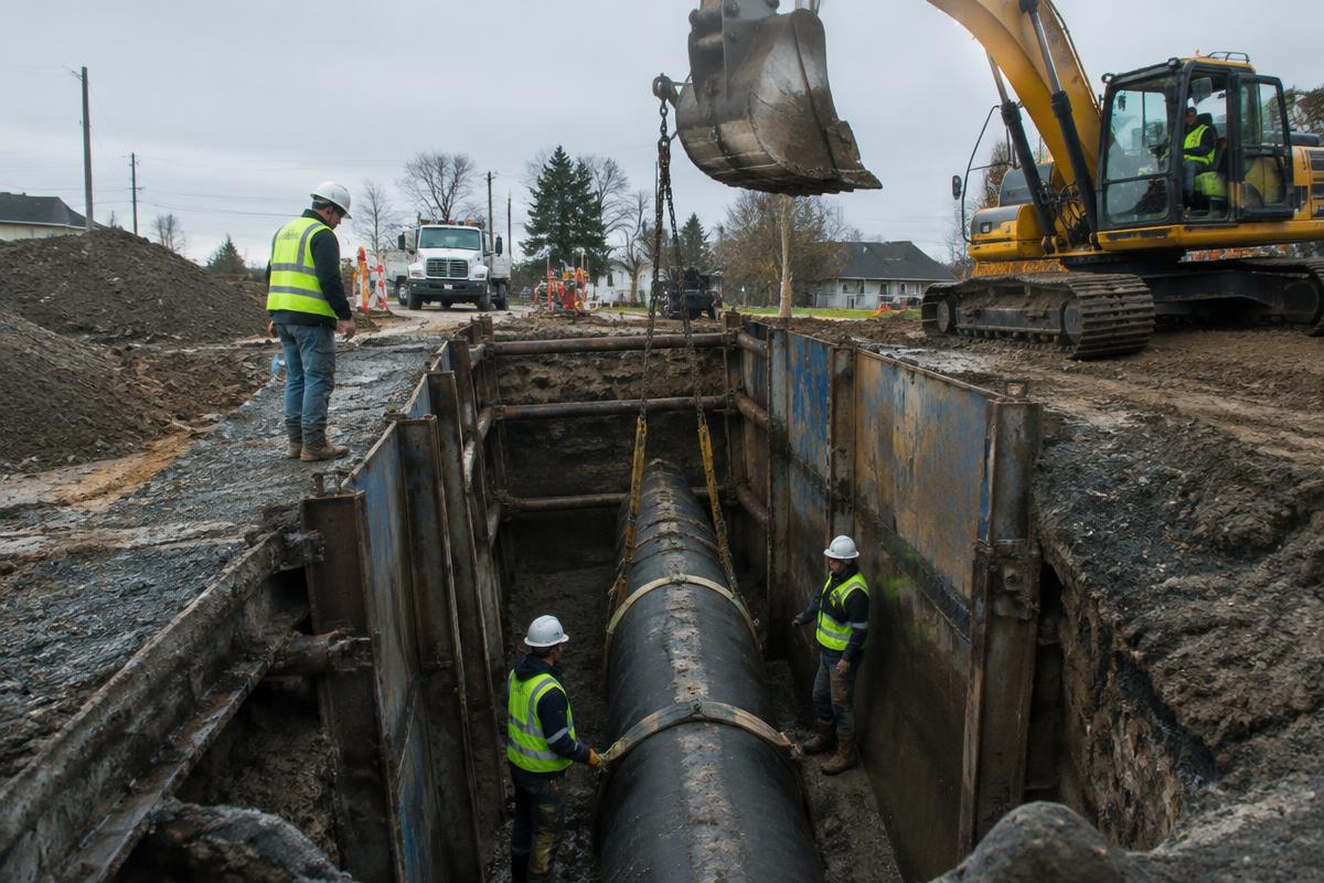 Shored utility trench with underground pipe being installed